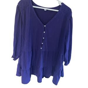 JJill Womens 3X Tunic Top Blouse Purple Tiered Cotton Blend V Neck Flowy Boho